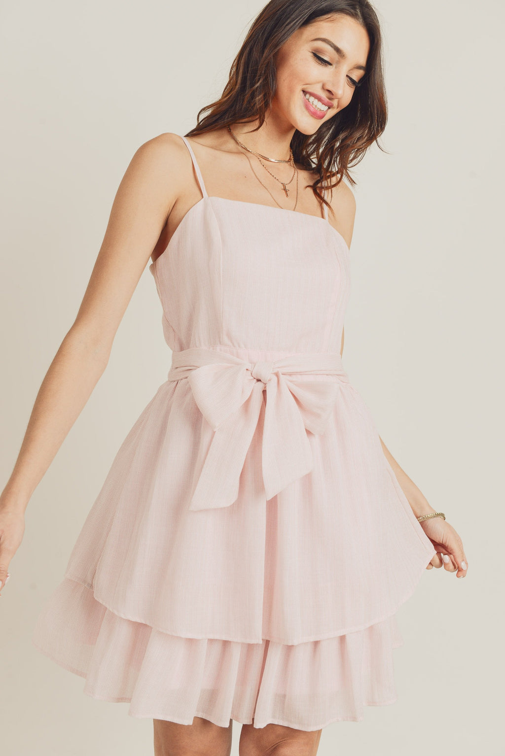 Short Spaghetti Strap Waist Tie Double Layer Dress