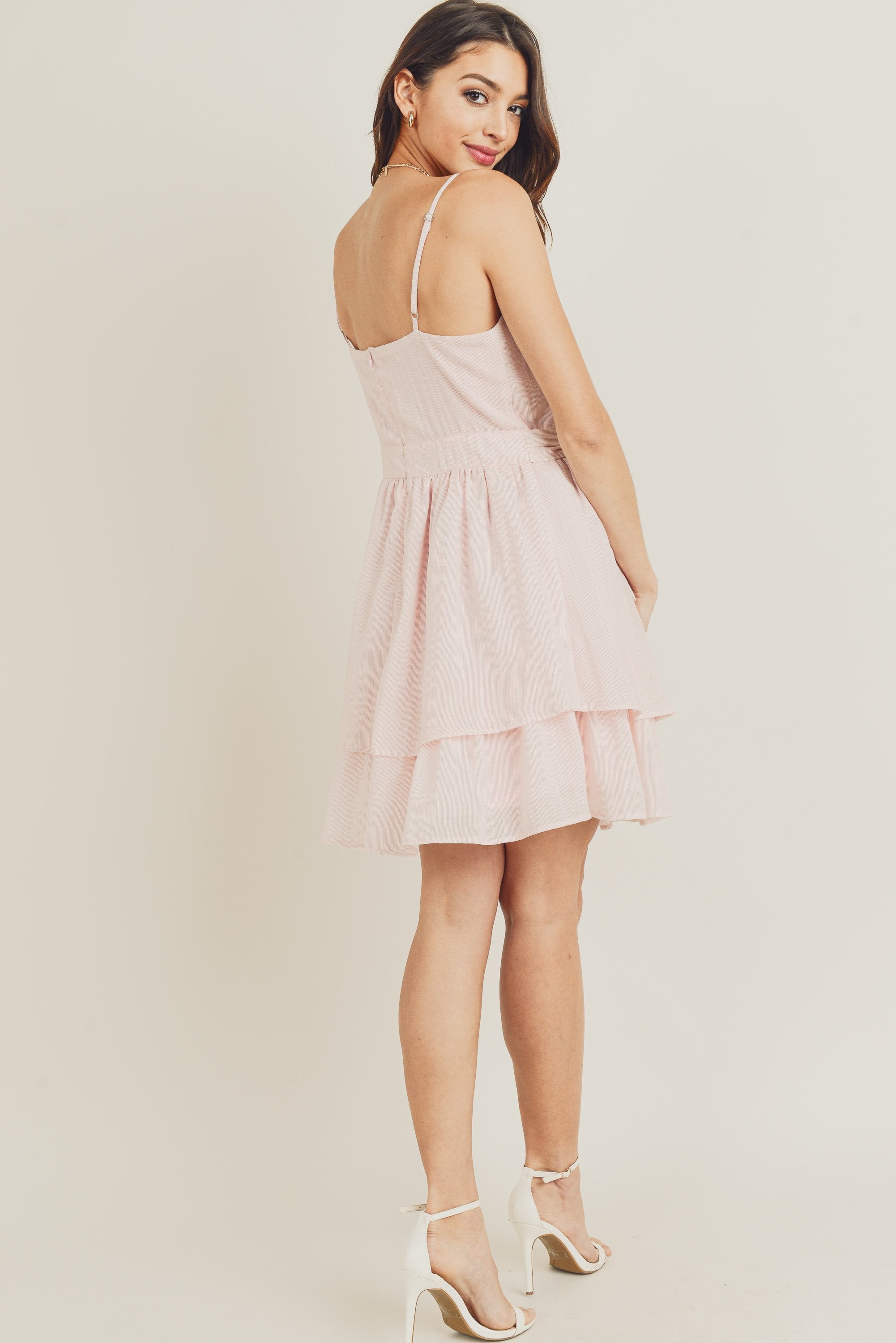 Short Spaghetti Strap Waist Tie Double Layer Dress