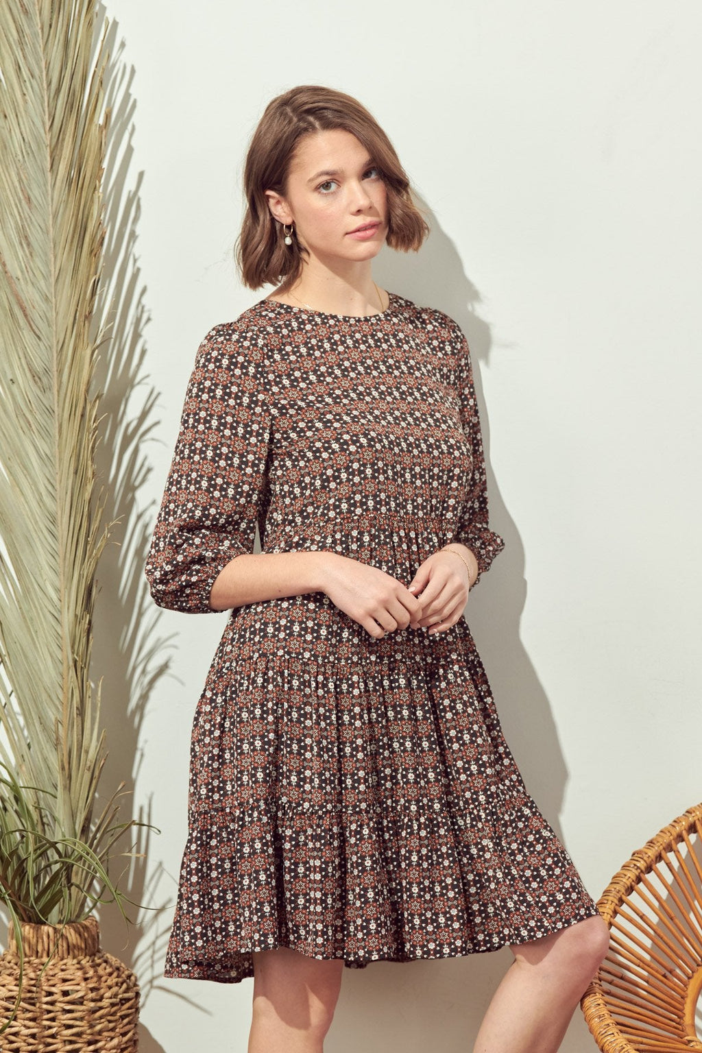 Short Boho Bubble Sleeve Tiered Dress